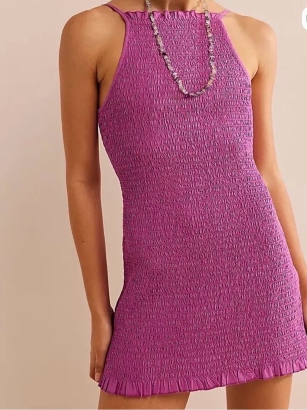 Free People Smocked Mini Dress Pink Open Back Coastal  Y2K Coquette Vacation XL - Picture 2 of 8